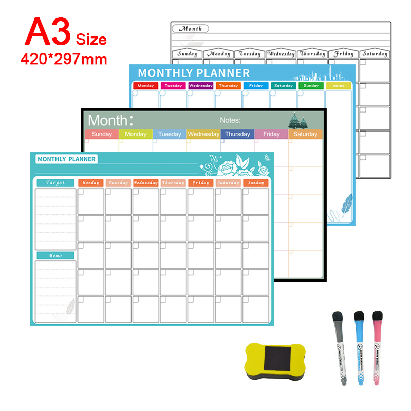 Magnetic Whiteboard Calendar - A3 cancellabile a secco magnetico mensile